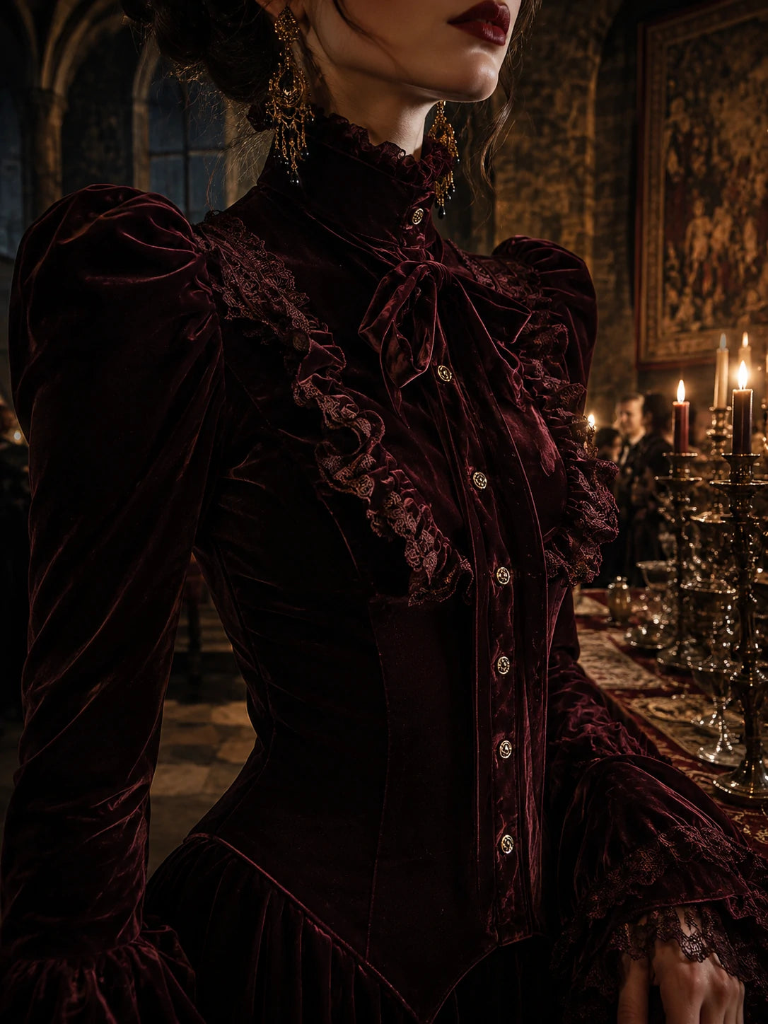 Garnet Red Romance Victorian Velvet Ruffle Blouse