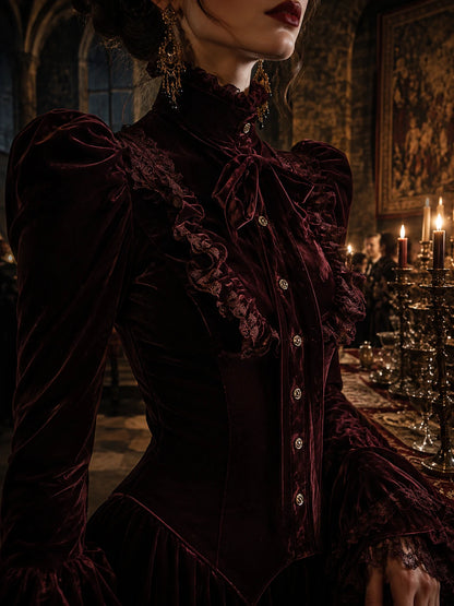 Garnet Red Romance Victorian Velvet Ruffle Blouse