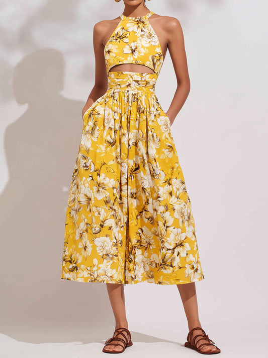 Boho Halter Yellow Botanical Print A-Line Cutout Midi Dress With Pockets