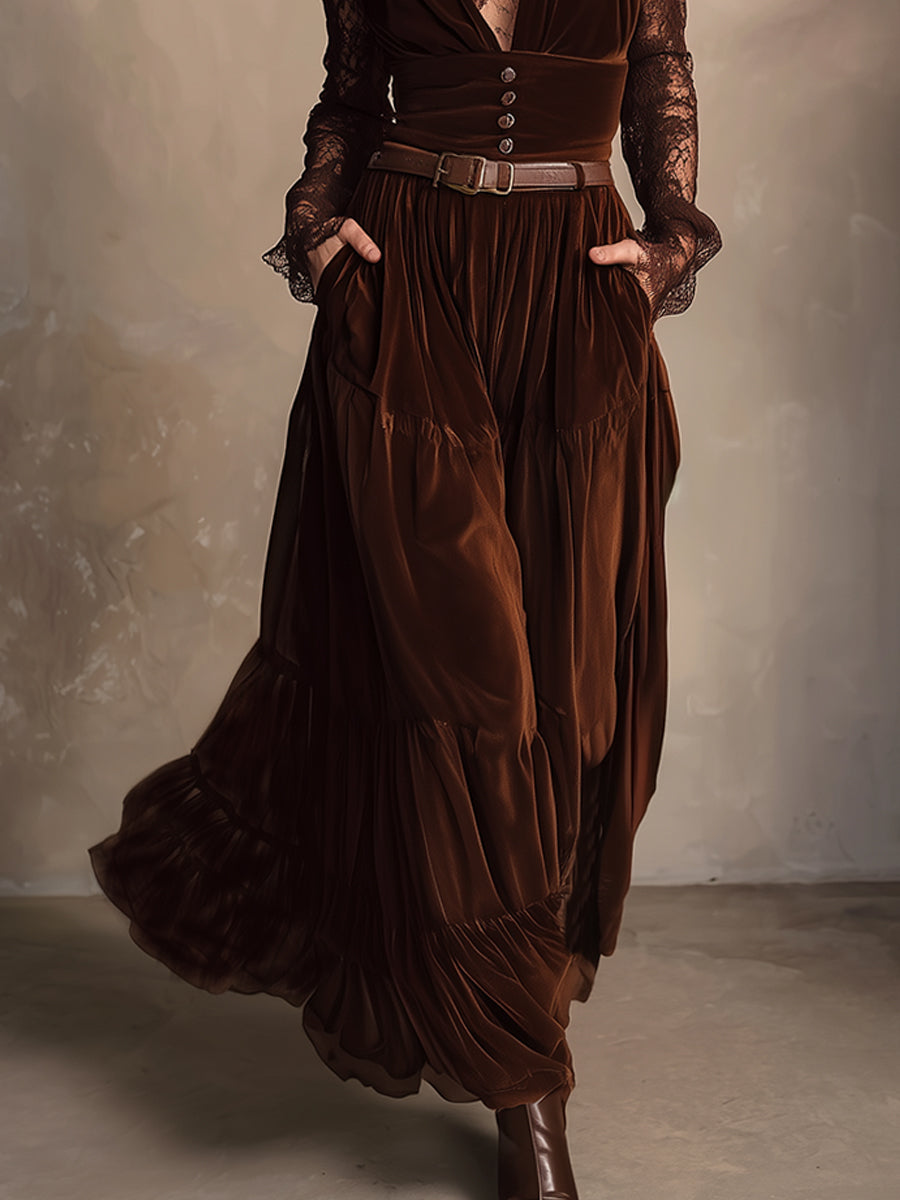 Retro Turtleneck Lace Top & Velvet Vest Maxi Dress Set With Belt