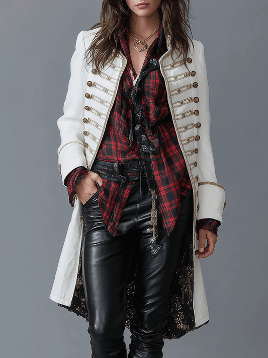 Vintage Chic White Military Double Breasted Longline Coat