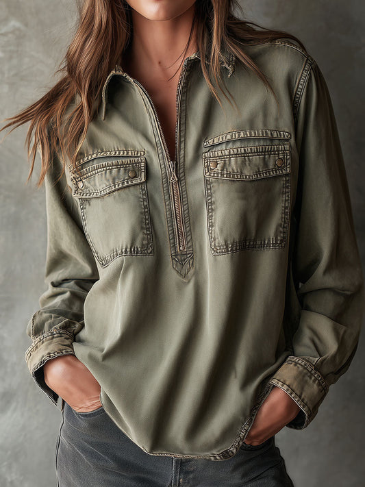 Vintage Relaxed Fit Zip-Front Washed Olive Utility Shirt