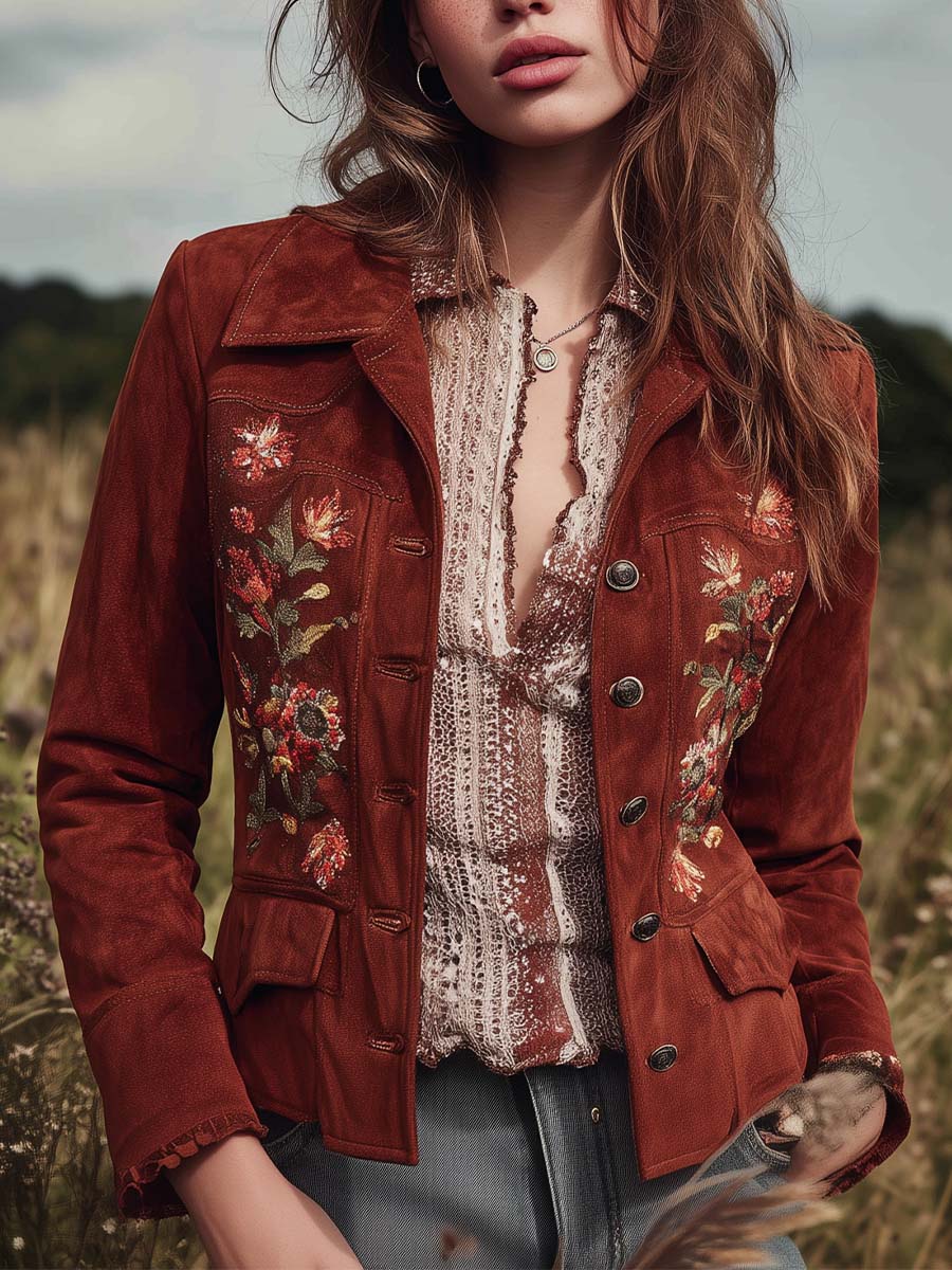 Vintage Brown Embroidered Bohemian Micro Suede Button Jacket