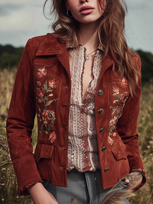 Vintage Brown Embroidered Bohemian Micro Suede Button Jacket