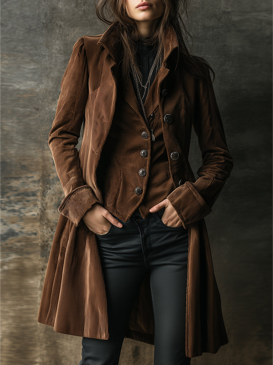 Bohemian Corduroy Stand Collar Mid-length Coat