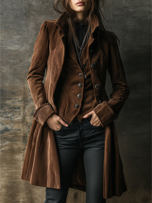 Bohemian Corduroy Stand Collar Mid-length Coat