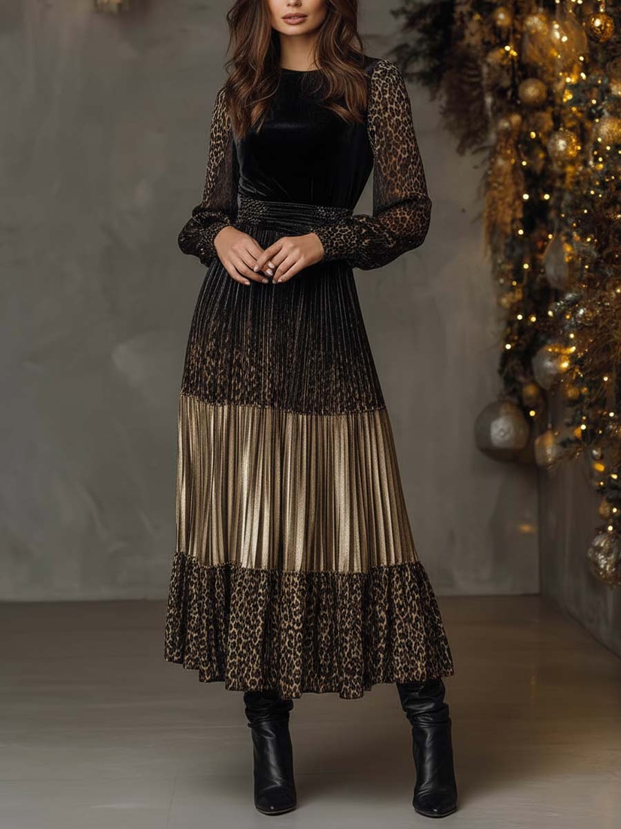 Velvet And Leopard Print Pleated Patchwork Midi Dress With Sheer Sleeves