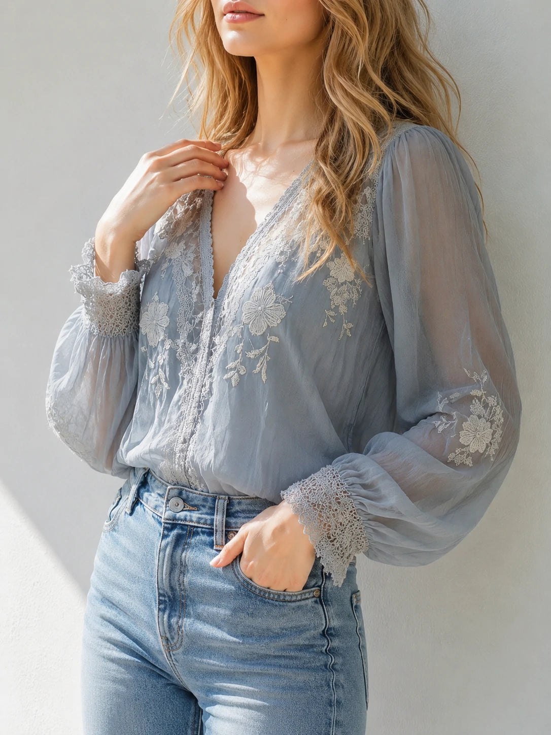 Bohemian Sheer Embroidered Lace Blouse