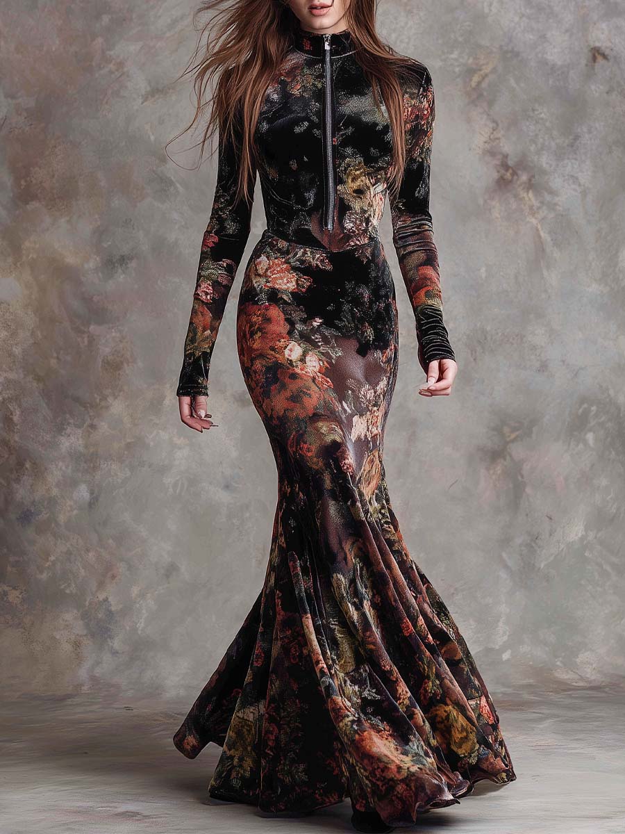 Floral Print Velvet Mermaid Maxi Dress