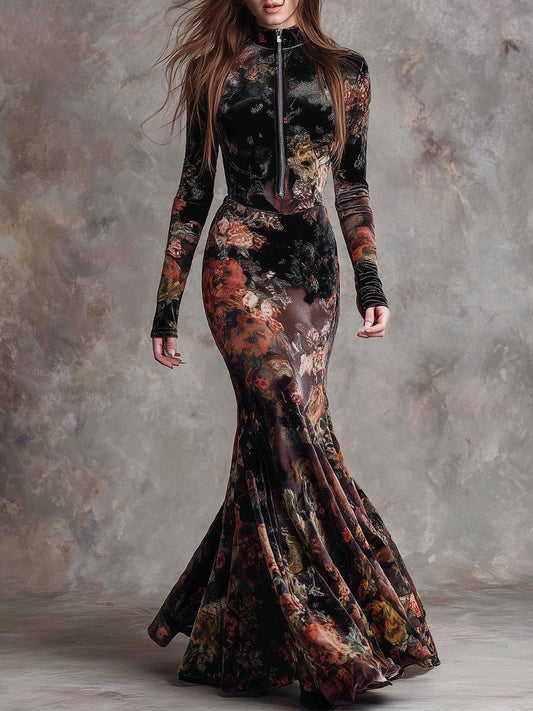 Floral Print Velvet Mermaid Maxi Dress