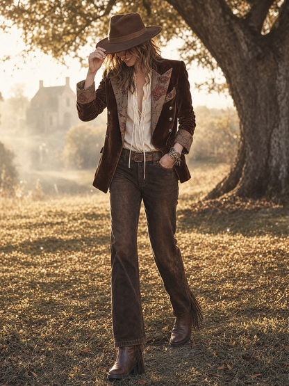 Boho Brown Velvet Double-Breasted Blazer With Floral Print Contrast Lapel