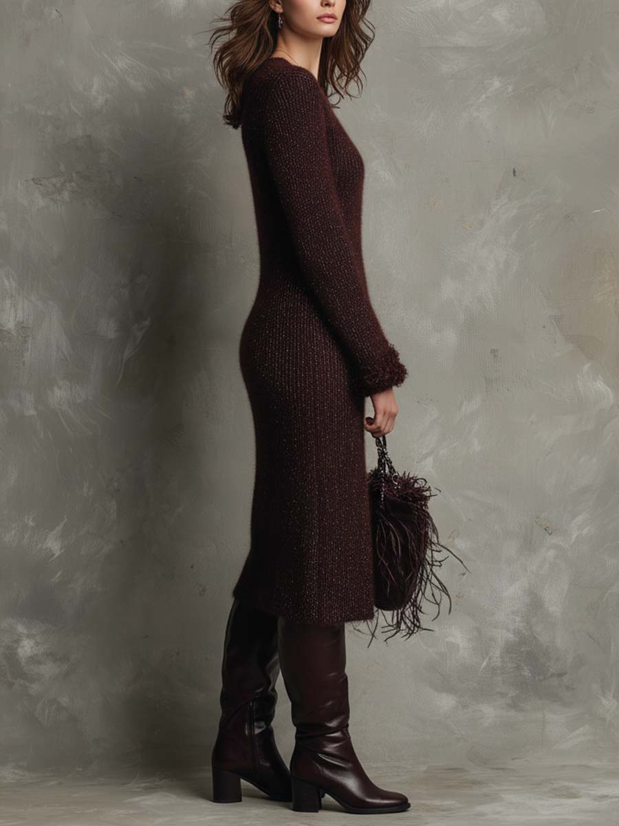 Burgundy Fuzzy Knit Midi Dress With Detachable Cuffs