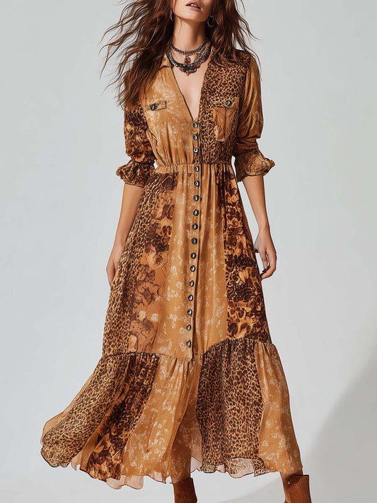 Vintage Leopard Floral Patchwork Shirt Chiffon Maxi Dress