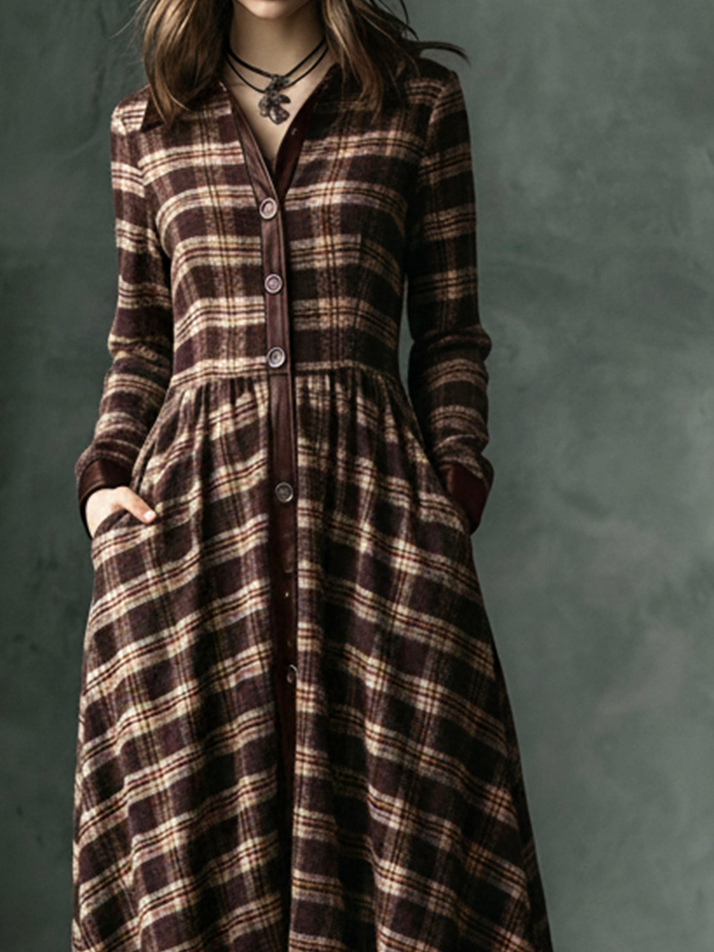 Vintage Plaid Wool Blend High-Low Coat With Pockets