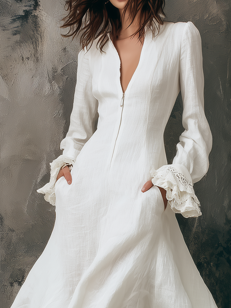 Retro Zipper Collar Ruffle Cuffs Midi Dress