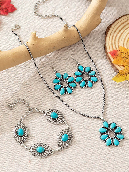 Vintage Western Turquoise Teardrop Necklace Earrings Bracelet Set