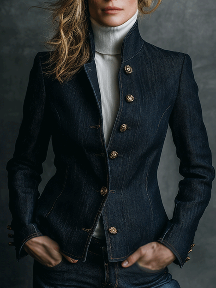 Vintage High Collar Classic Curve Cut Denim Brass Button Jacket