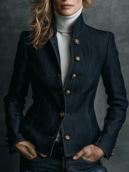 Vintage High Collar Classic Curve Cut Denim Brass Button Jacket