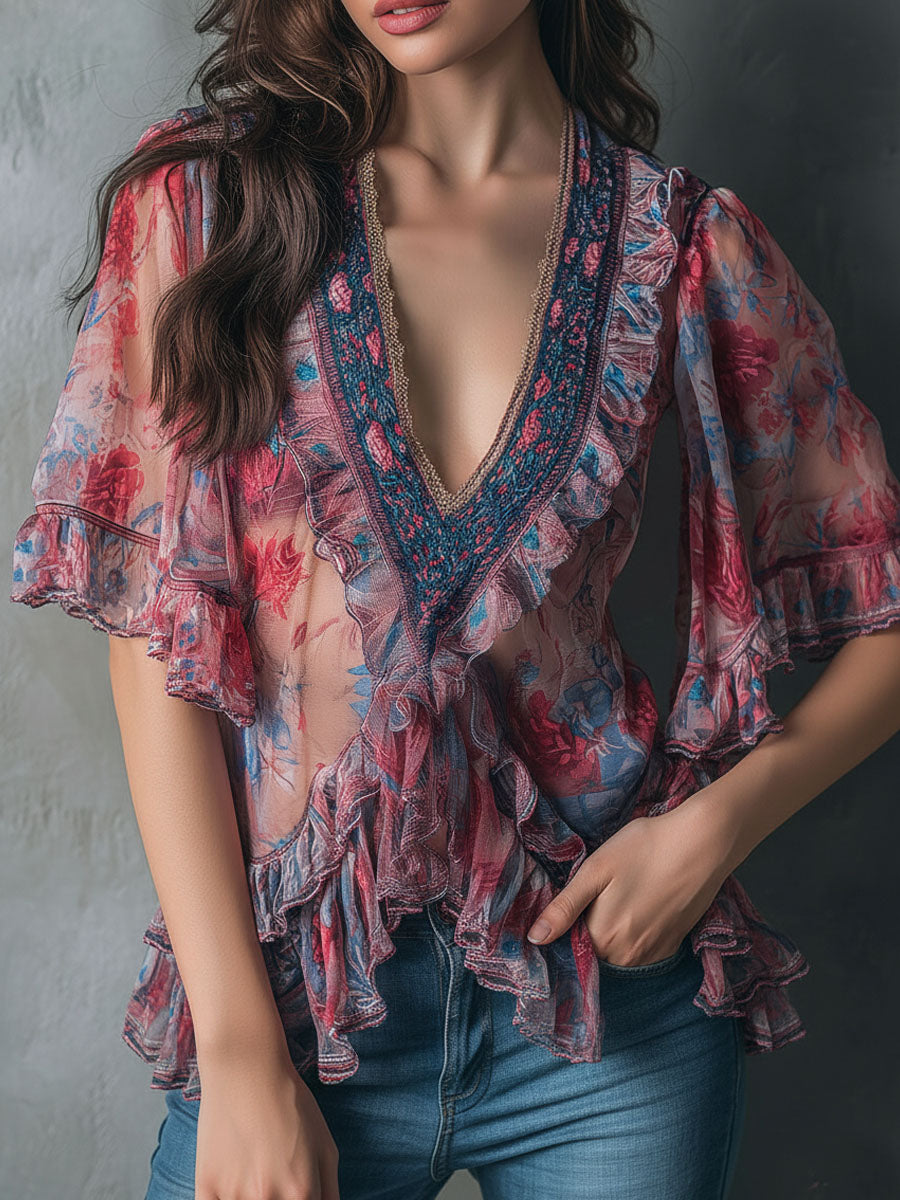 Boho Romantic V-Neck Sheer Floral Print Ruffle Blouse