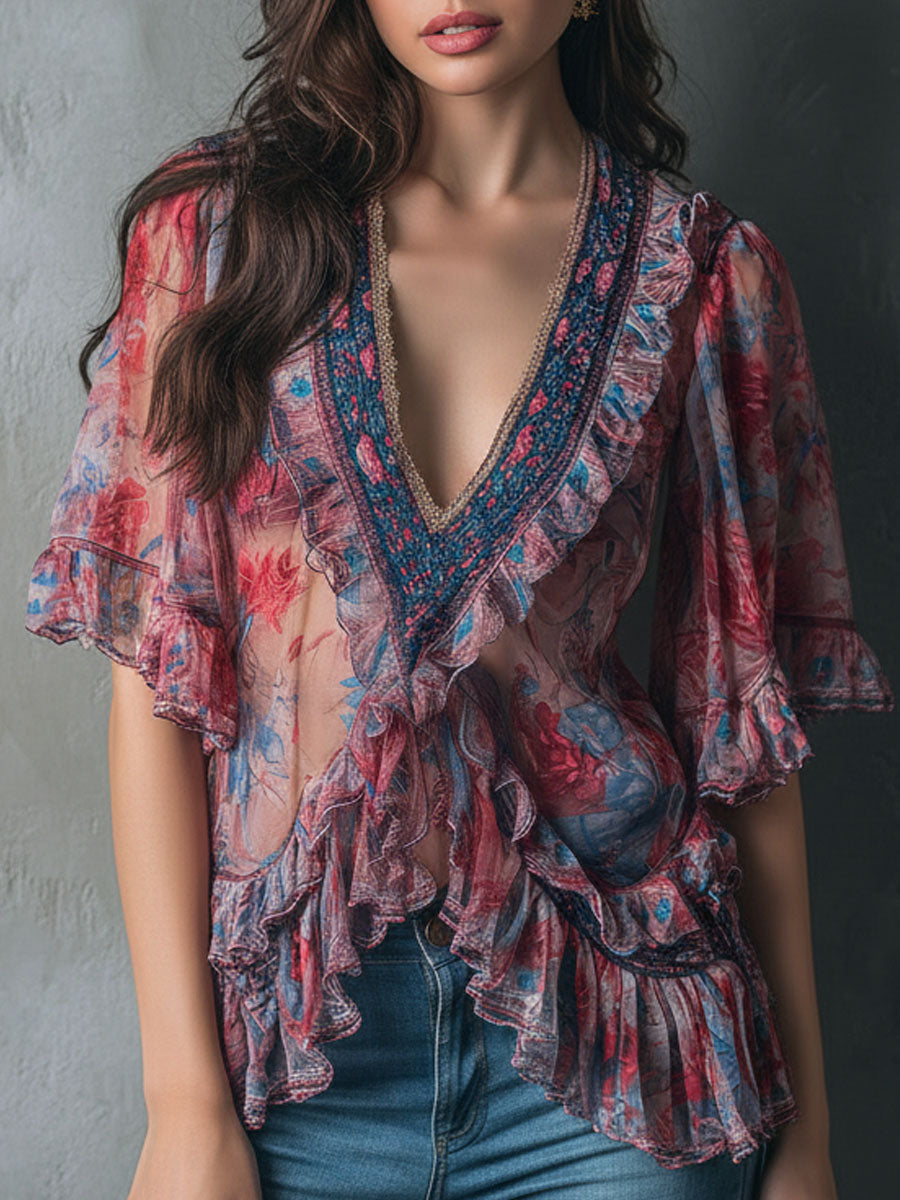 Boho Romantic V-Neck Sheer Floral Print Ruffle Blouse