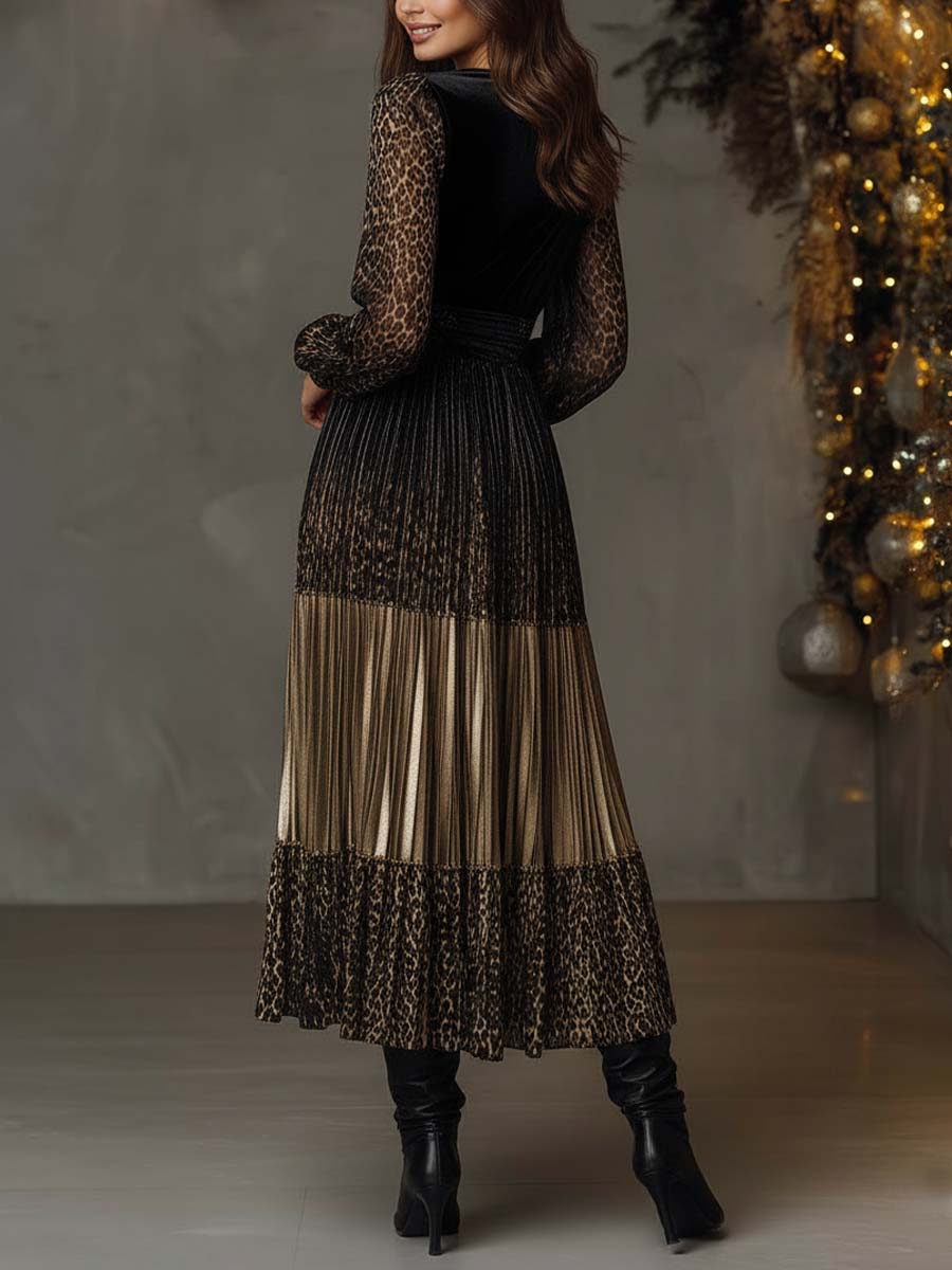 Velvet And Leopard Print Pleated Patchwork Midi Dress With Sheer Sleeves