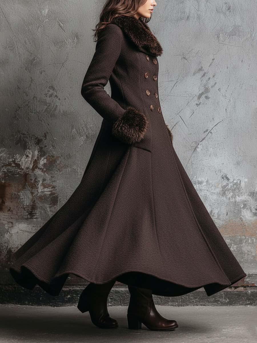 Knitted Maxi Coat With Detachable Faux Fur Collar