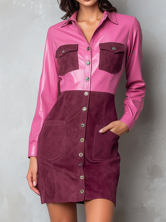 Pink And Burgundy Colorblock Eco Leather & Suede Shirt Dress