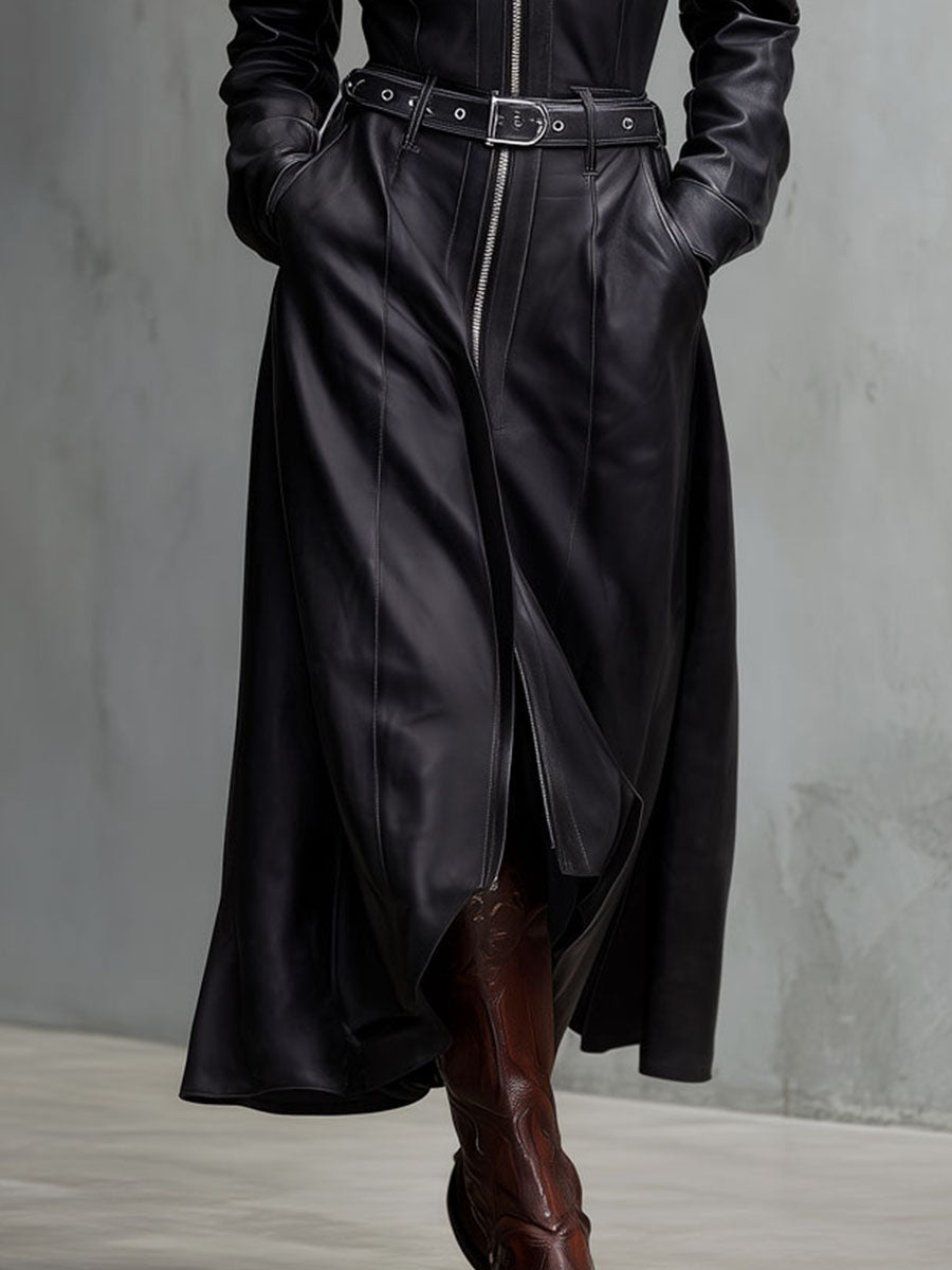 Utility Black Eco Leather Belted Zip-Front Maxi Coat Dress