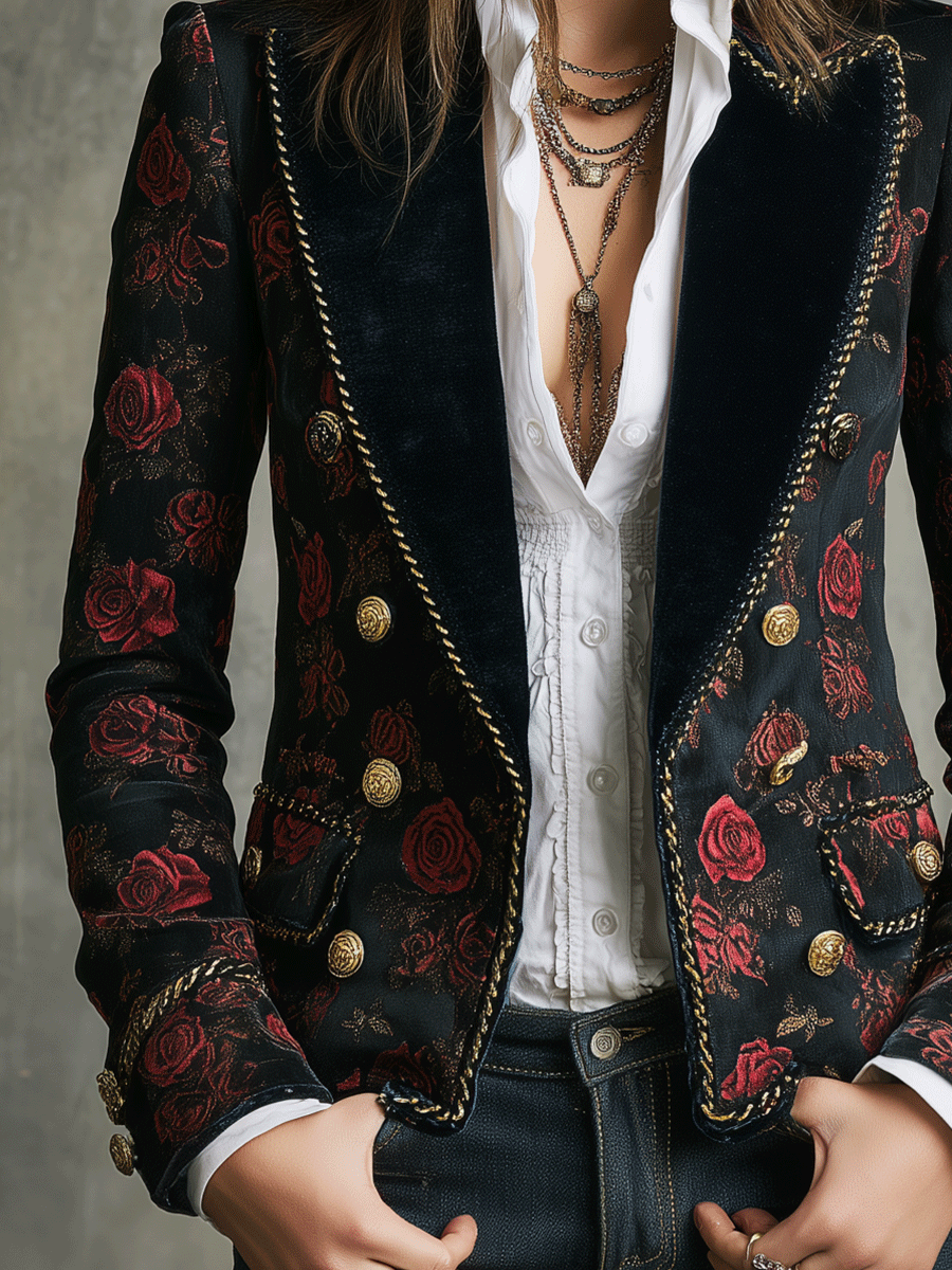 Vintage Black Velvet Red Rose Pattern And Gold Buttons Blazer