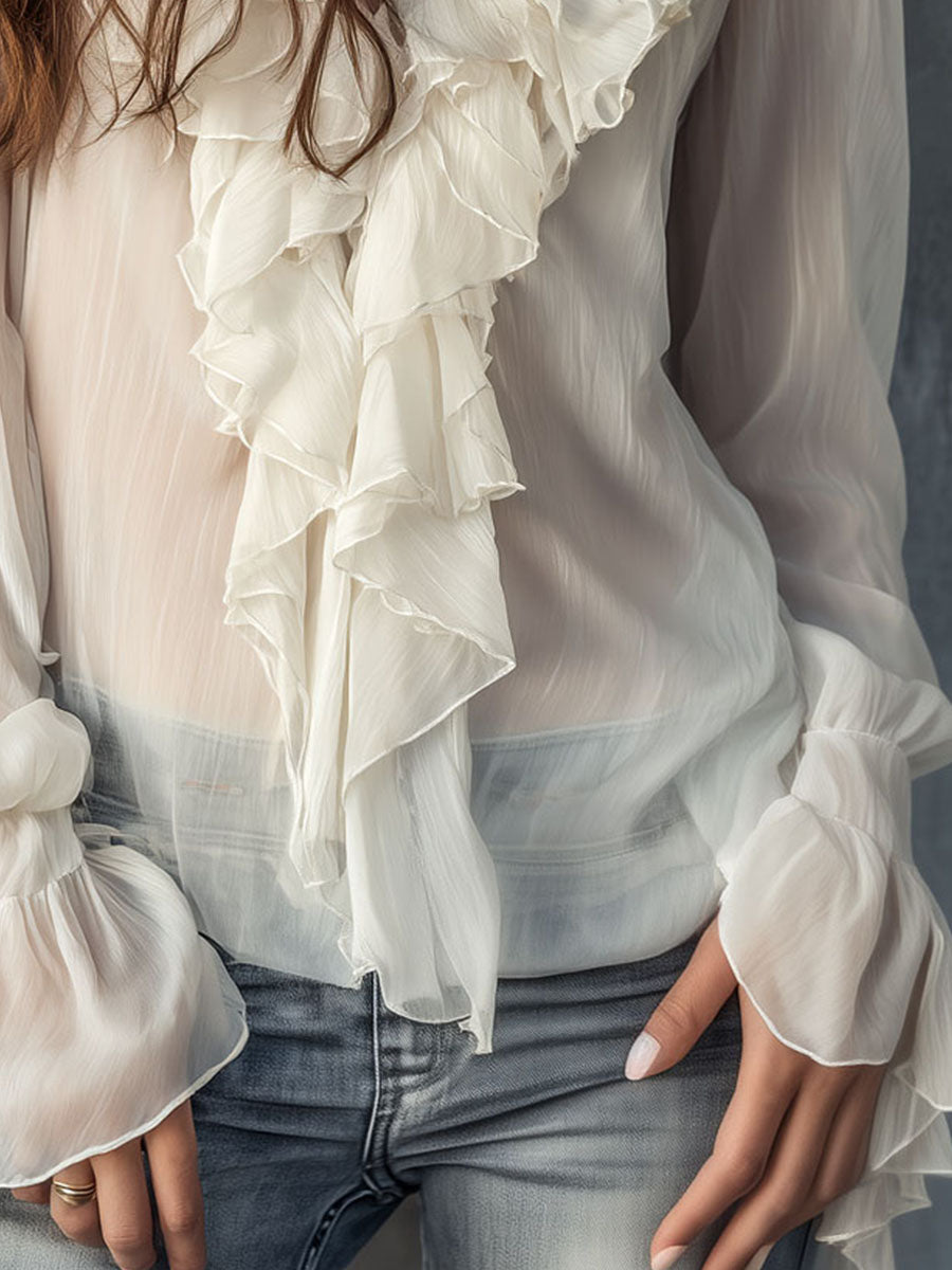 Romantic Ivory Ruffle Front Chiffon Blouse