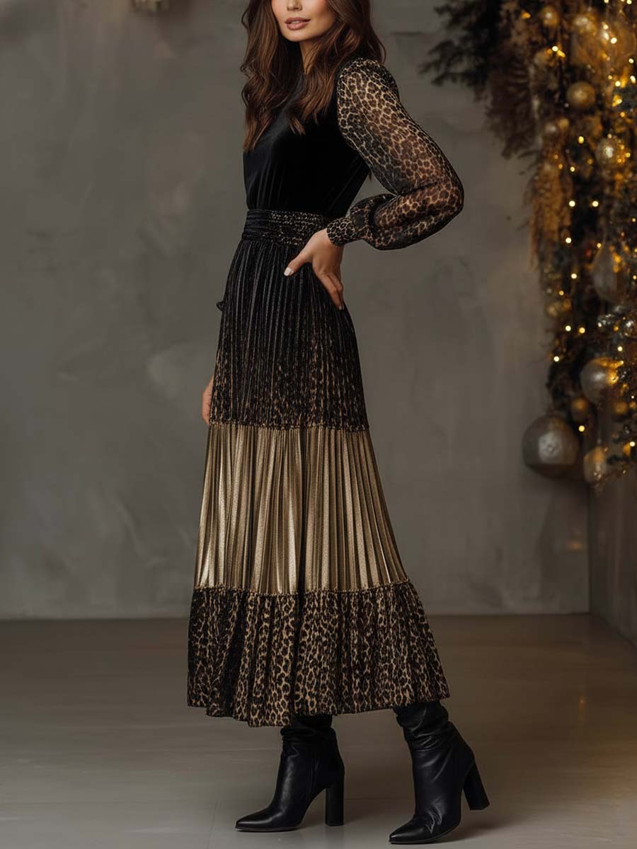 Velvet And Leopard Print Pleated Patchwork Midi Dress With Sheer Sleeves