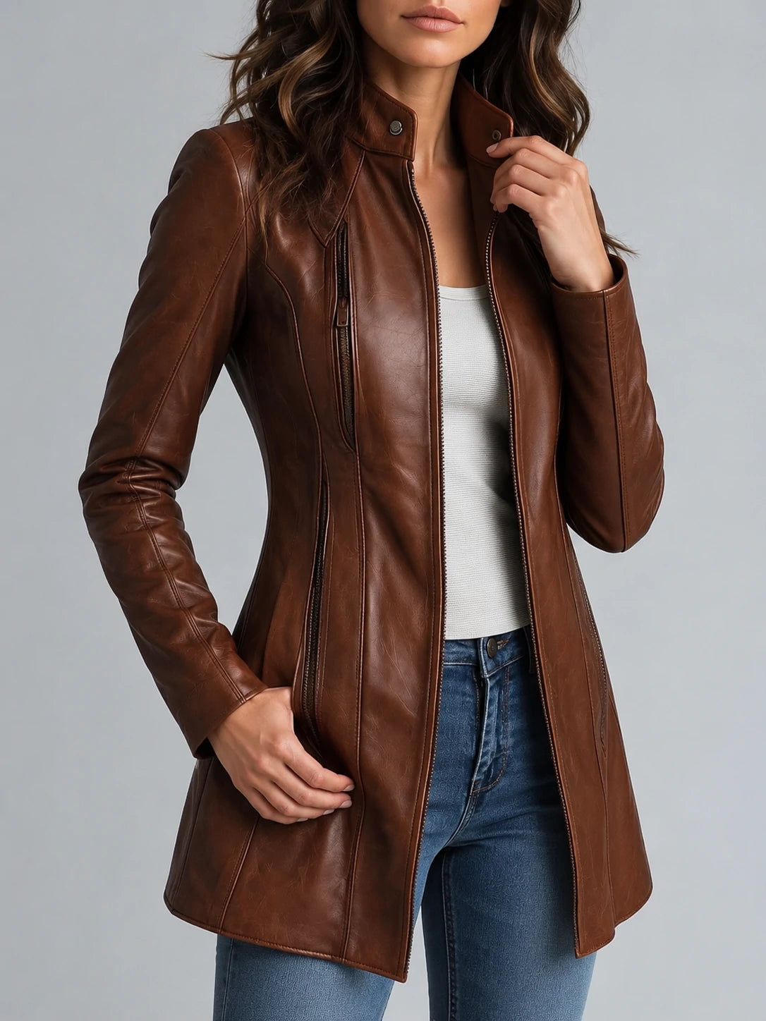 Women's Stand Collar Vintage Faux Leather Jacket