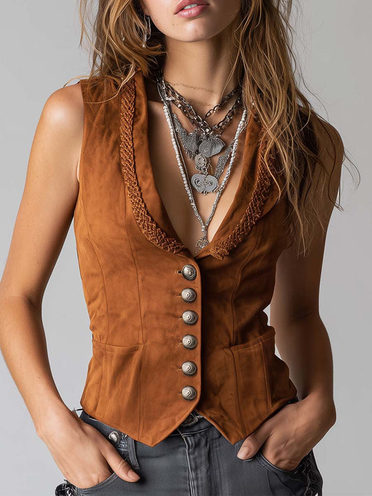 Vintage Braided Trim Caramel Eco-suede Slim Fit Vest