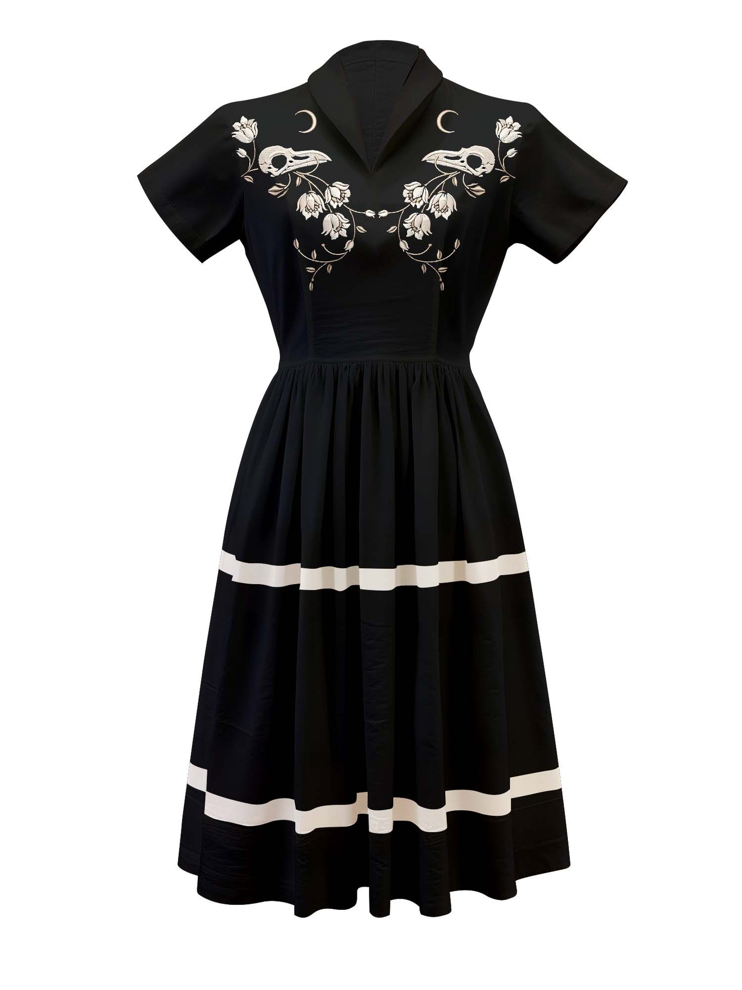 Skeleton Crow Head And Flower - 100% Cotton Vintage Dress