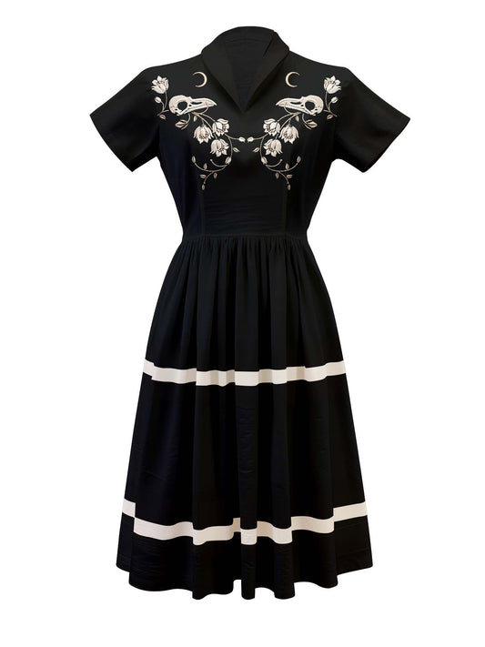 Skeleton Crow Head And Flower - 100% Cotton Vintage Dress
