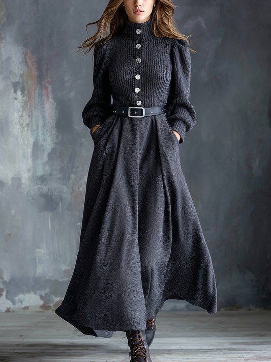 Retro High Collar Button Pocket Knitted Midi Dress