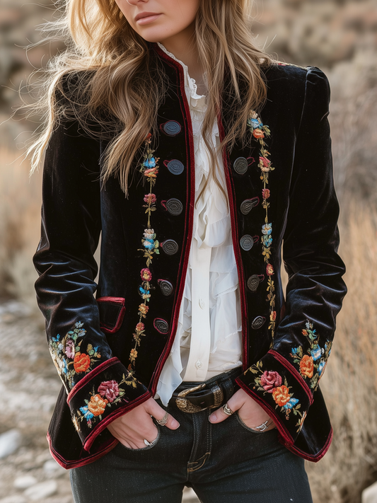 Vintage Floral Embroidered Velvet Blazer
