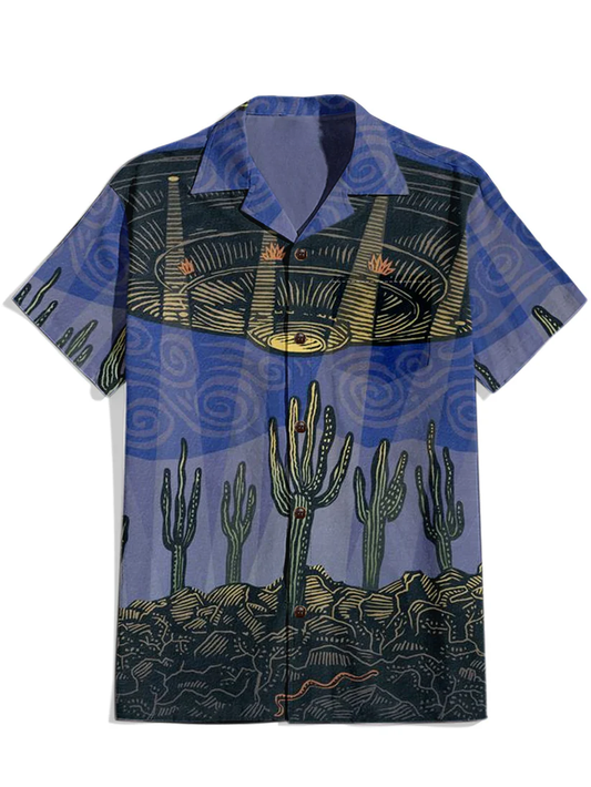 Cactus and UFO - 100% Cotton Cuban Collar Shirt