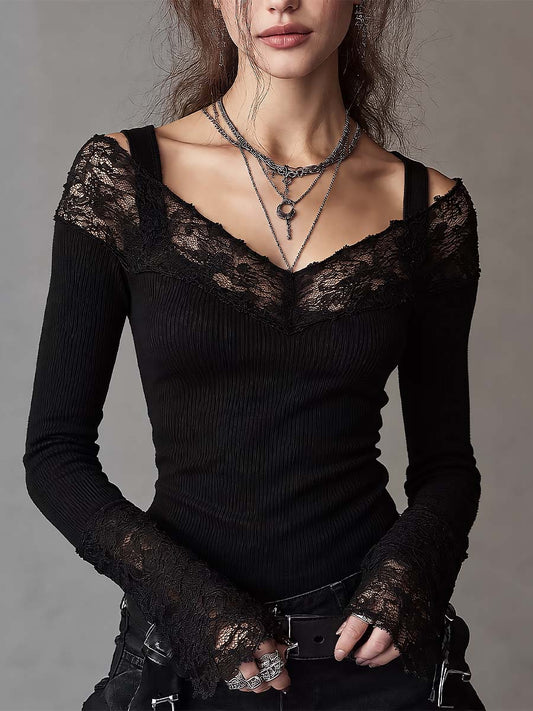 Gothic Lace Trim Cold Shoulder Long Sleeve Top with Fingerless Glove Cuffs