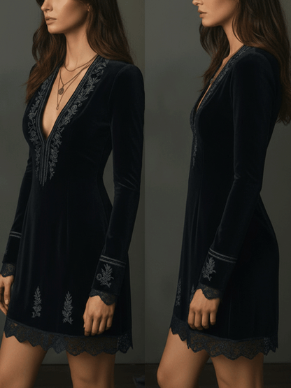 Retro Black Velvet Embroidered Lace Trim Mini Dress