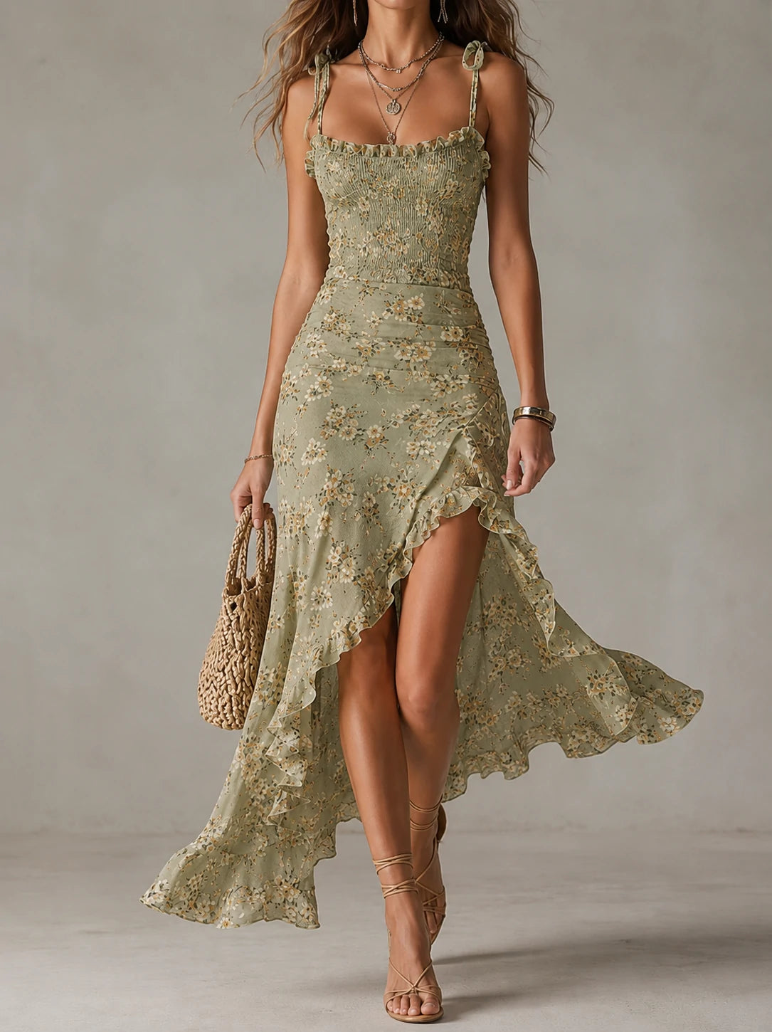 Sage Green Floral Smocked Ruffle Slit Midi Dress