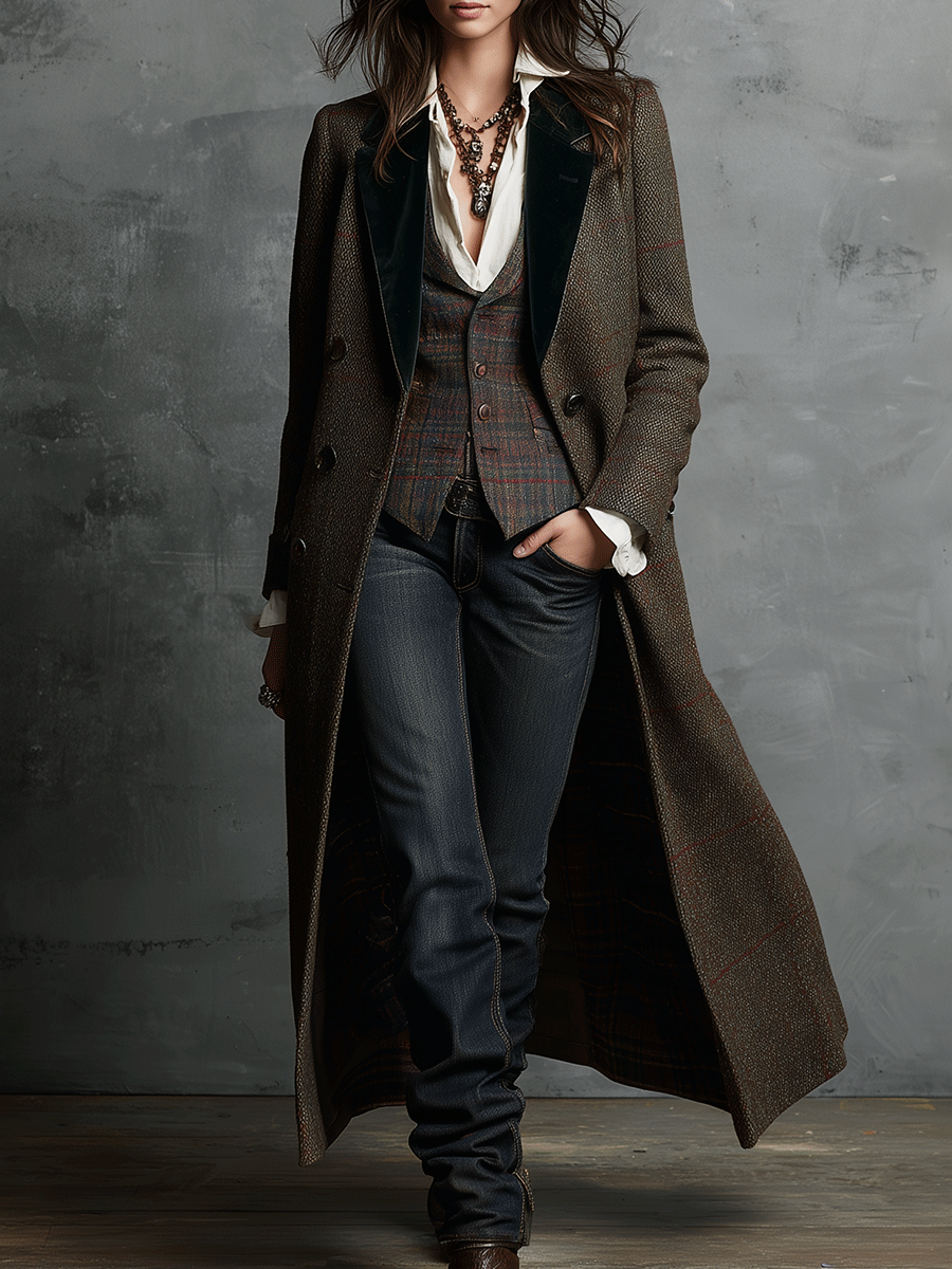 Heritage Vintage Tailored TweedVelvet Collar Detail Long Coat