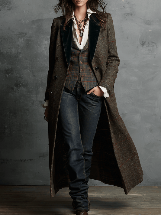 Heritage Vintage Tailored TweedVelvet Collar Detail Long Coat
