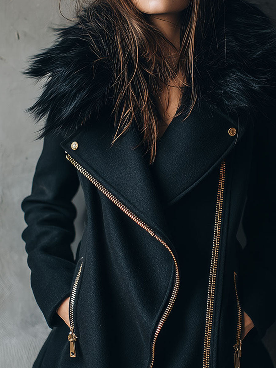 Black Eco Fur Collar Wool Blend Asymmetrical Zip Moto Coat