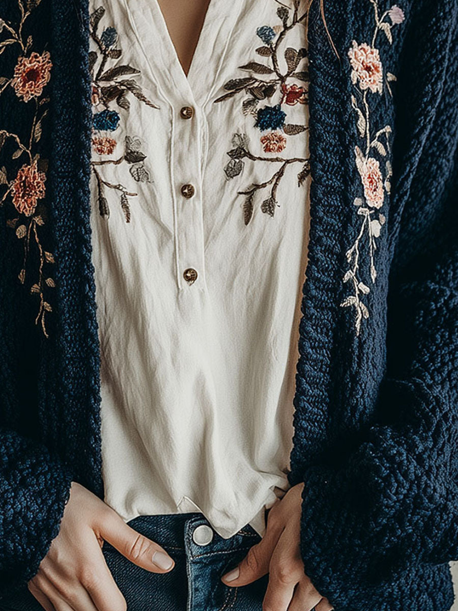 Navy Blue Chunky Knit Cardigan With Floral Embroidery