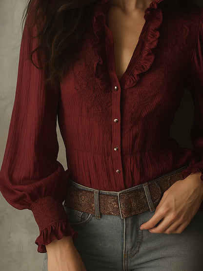 Elegant Lace Ruffle Bell Sleeves Pleated Chiffon Blouse