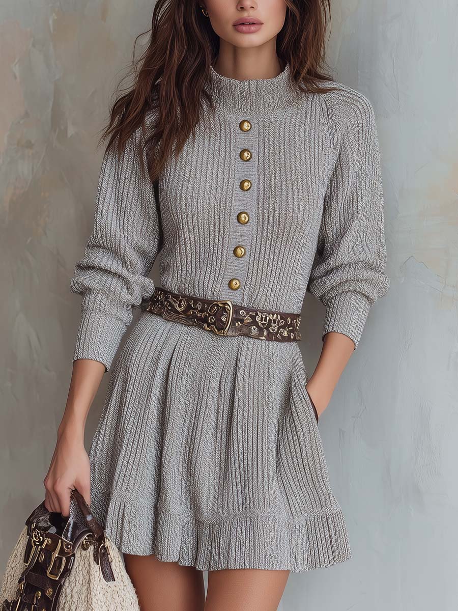Retro Stand-up Collar Metal Buttons Knit Mini Dress