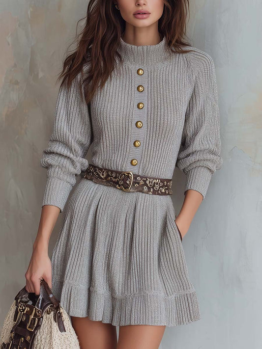Retro Stand-up Collar Metal Buttons Knit Mini Dress