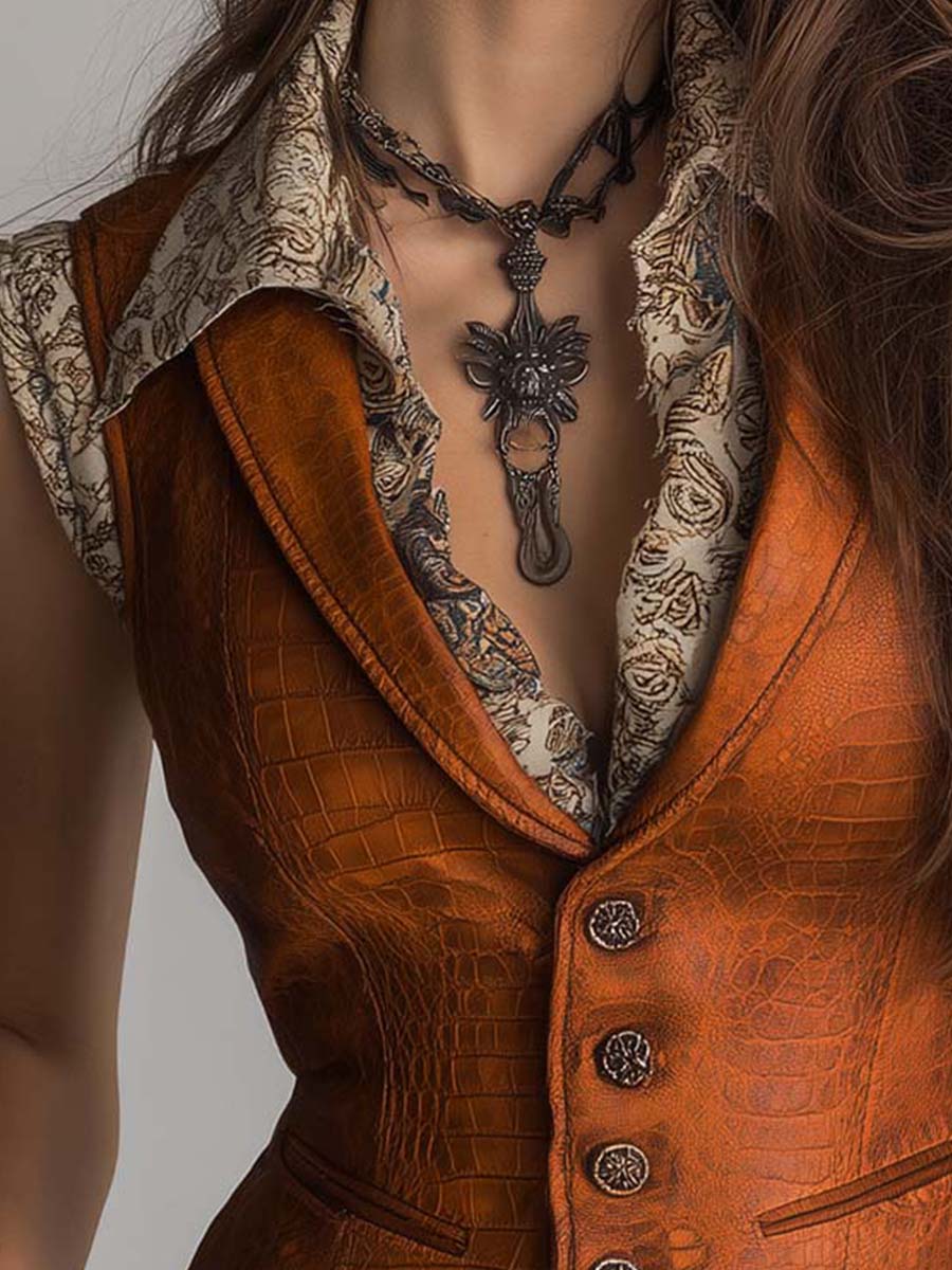 Retro Caramel Croc-Embossed Eco-Leather Vintage Vest