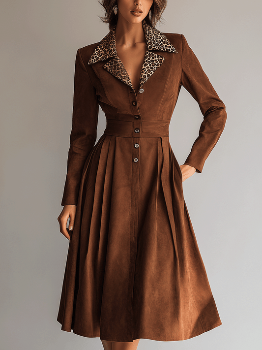Elegant Retro Waist-Cinched Caramel Midi Dress